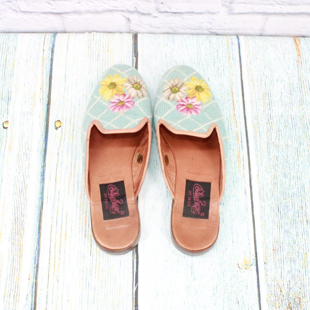 *Soles by Paige Blue Fabric Floral Needlepoint Mule Slide Sandals Size M - Picture 7 of 10